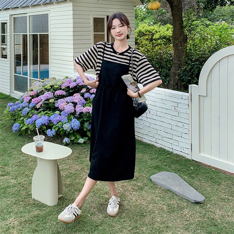 撞色条纹淡人假两件连衣裙夏季新款设计感小众宽松显瘦休闲背带裙图片