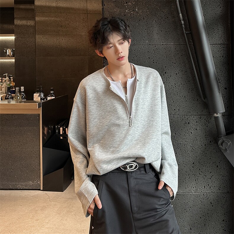 高质量高街男款双层拉链深V领纯长袖T 男   A071-T51-P58图片