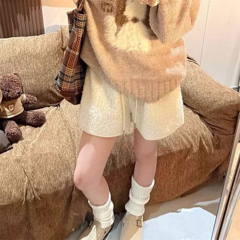 松紧腰抽绳羊羔毛短裤女冬季新款保暖外穿休闲热裤宽松阔腿a字裤,男装休闲裤,星座506A