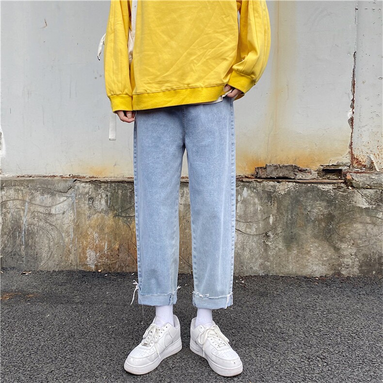 港风宽松割烂洗水毛须边牛仔裤A338-1/NK32/P45图片