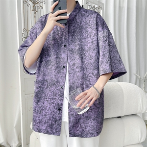 特批P40无差价夏季风缎面冰丝印花高级感短袖衬衫外套男CD1918图片