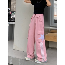 欧美式复古高街裤子hiphop条纹星星工装裤男女翻边设计感宽松秋季，男装工装外套，星座1013