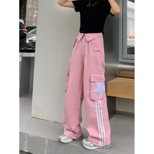 欧美式复古高街裤子hiphop条纹星星工装裤男女翻边设计感宽松秋季图片