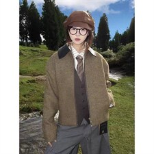 美式复古老钱风pu皮拼接短款夹克男秋冬季高级感cleanfit毛呢外套，男装夹克，四季星座505