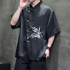 新中式男士大码缎面凉感兰花刺绣短袖上衣T2521-P65控89，男装T恤，电商A021