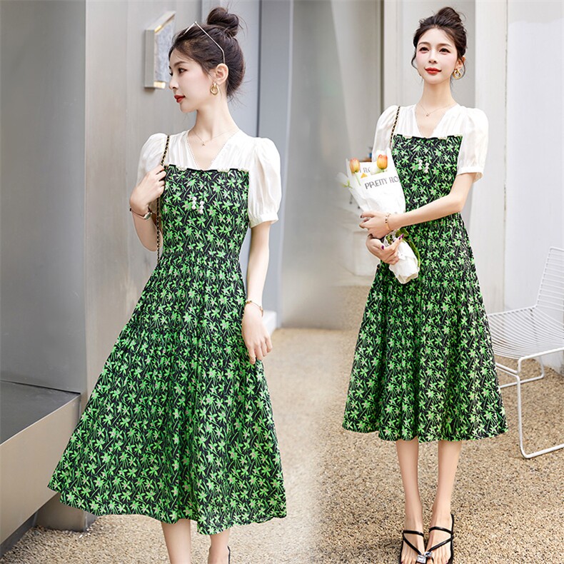 碎花连衣裙女2025年夏季新款气质茶歇法式假两件显瘦修身雪纺长裙，女装连衣裙，布芭啦