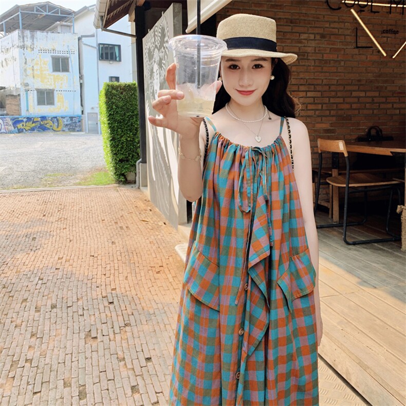 撞色格纹叠穿连衣裙女夏季2024新款小众设计感宽松气质网红长裙子,女装连衣裙,2C158