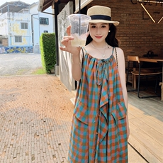 撞色格纹叠穿连衣裙女夏季2024新款小众设计感宽松气质网红长裙子，女装连衣裙，2C158
