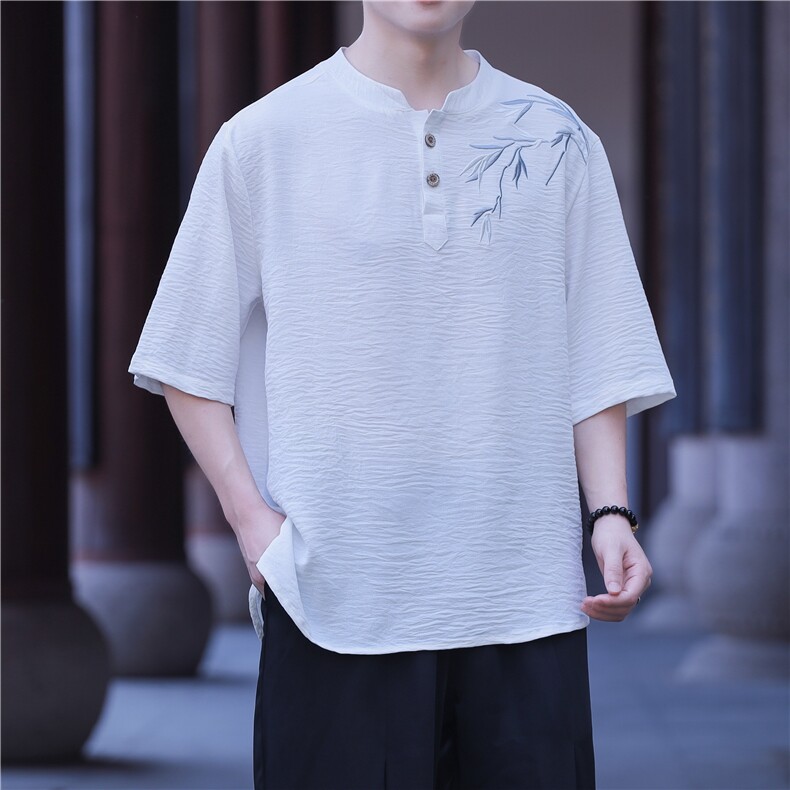 夏季冰丝立领短袖夏季凉感风刺绣新中式大码垂感T恤男T812P55,男装T恤,电商A021A