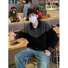 撞色拼接针织开衫外套男美式复古bf慵懒风宽松翻领毛衣男网络图，男装针织衫/毛衣，星座410-7