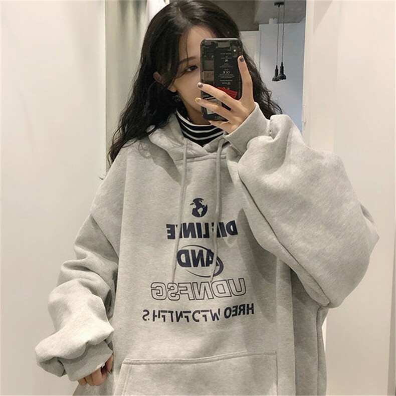 C0232-P55  灰色字母基础款连帽带抽绳 学生卫衣 男女款上衣图片