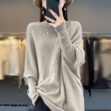 一线成衣女圆领蝙蝠袖宽松慵懒风长袖毛衣纯色羊绒衫，女装羊毛衫，忠诺羊绒