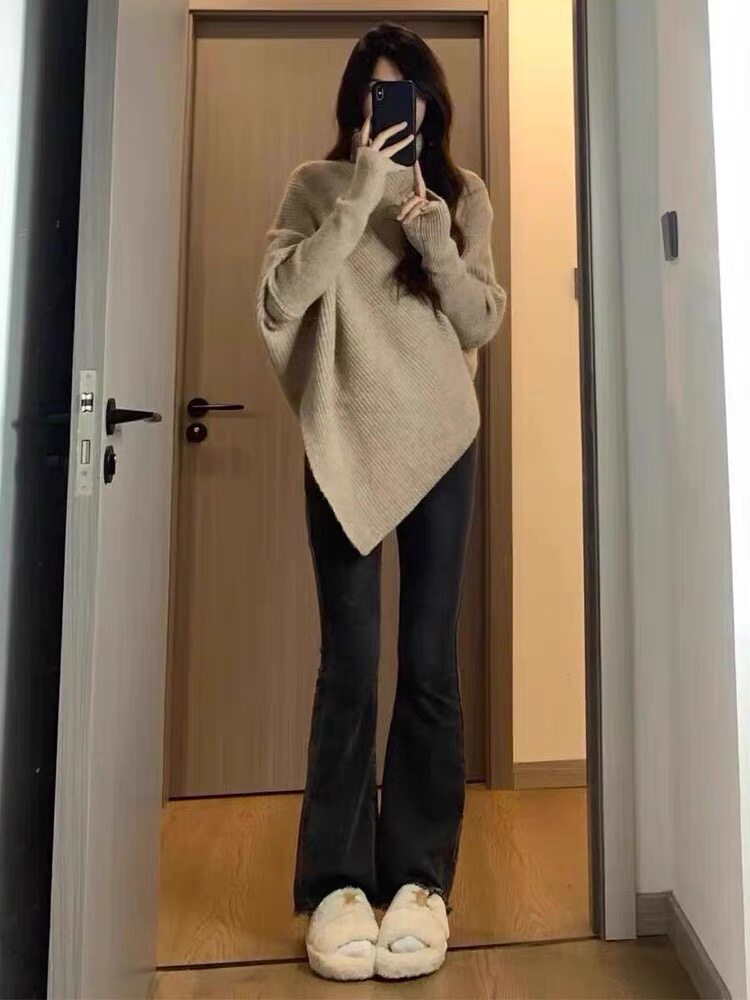 高领羊毛衫女秋冬新款纯色不规则针织长袖宽松打底羊毛衫,女装羊毛衫,思途羊绒