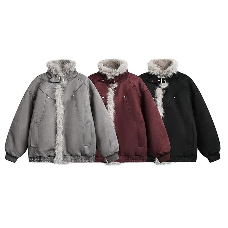 现货重磅硬挺boxy羽绒棉衣座山雕大毛毛领洗水麂皮棉服冬外套,男装棉衣,电商A443