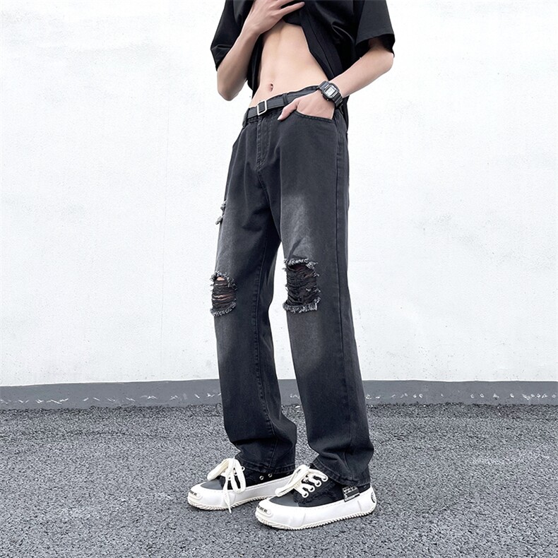 破洞牛仔裤男直筒宽松欧美高街vibe风长裤子N026-P40图片
