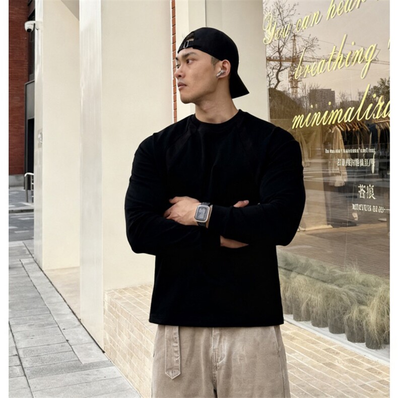 抖音得物品质26春装美式高街曼巴棉螺纹拼接卫衣圆领长袖T恤YT164,男装T恤,电商A486-1