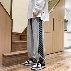 K3196-P45秋装美式潮牌宽松中性男女情侣侧边棋盘格撞色休闲卫裤，男装休闲裤，电商A009A（原A058A）