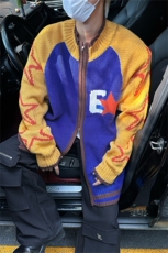 美式复古毛衣男开衫女秋冬多巴胺穿搭撞色拼接情侣宽松针织外套潮，男装针织衫/毛衣，星座505-2（原电商A260-1)