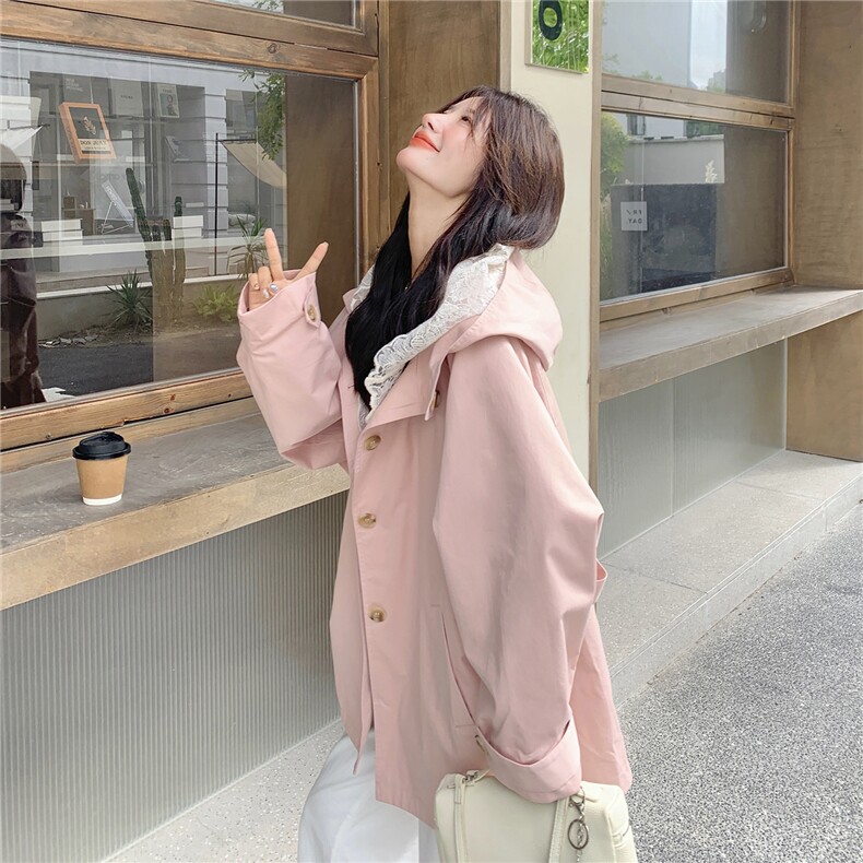 韩系蕾丝边连帽粉色风衣外套女春秋2025新款小个子甜美多巴胺大衣,女装风衣,2C332