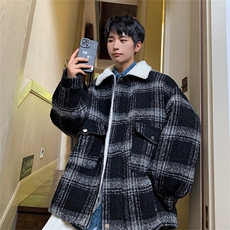 毛呢羊羔绒外套秋冬格子加绒加厚棉服美式高街外套A170-M809-P128，男装棉衣，电商A170