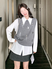 学院风复古减龄衬衫上衣马甲套装女2025春秋新款高级感时尚两件套，女装马甲，维壹
