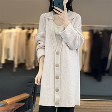 中长款100%纯羊毛开衫女24秋冬翻领加厚宽松毛衣慵懒羊绒针织外套，女装羊毛衫，琳华羊绒