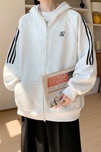 内景秋冬学院情侣条纹连帽卫衣男宽松开衫外套WY00759/P55加绒P65图片