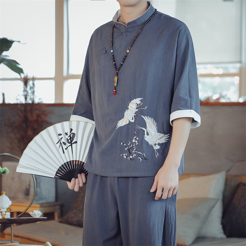 夏季套装男士开衫两件套风复古唐装名族风T恤A334-TZ113-P65,男装民族服装,电商B339(原A334）