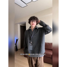 重磅北极绒假两件衬衫领毛衣美式高街复古休闲慵懒纯色翻领针织衫，男装针织衫/毛衣，电商A486-1