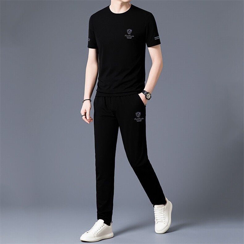 HP5082夏季新款男士运动休闲套装二件套圆领印花男装速干百搭短袖图片