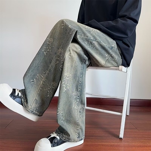 1506-1/KK8831/P47春季美式休闲痞帅水洗复古泼墨牛仔裤男直筒图片