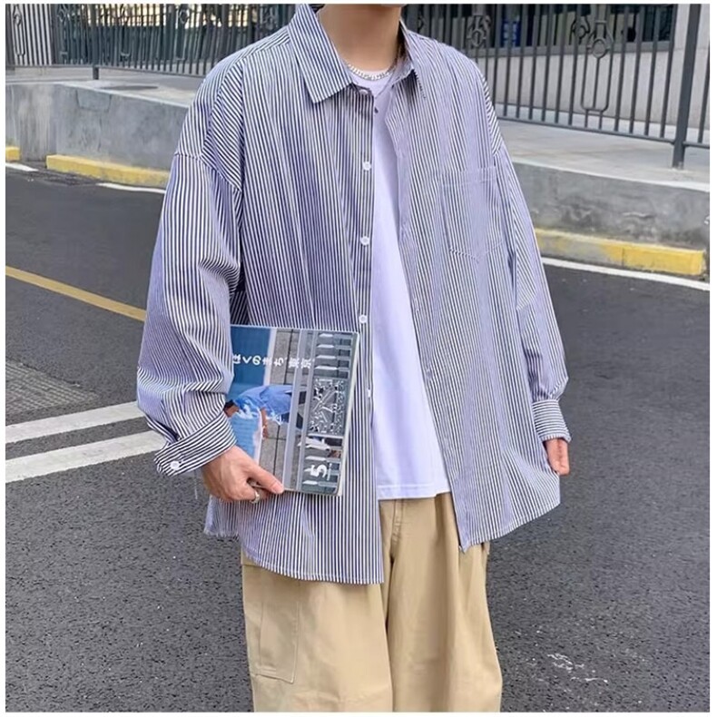日系小清新条纹长袖衬衫男女款港味ins潮流宽松情侣竖条长袖衬衫图片