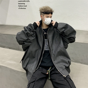 美式复古棒球服男春秋季宽松休闲连帽pu皮纹理夹克外套JK9306-P85图片