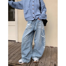 美式街头个性休闲趣味直筒宽松阔腿牛仔裤男女长裤，男装牛仔裤，四季星座505