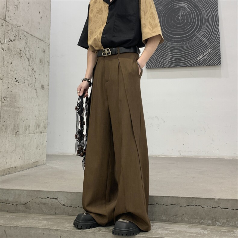 春装24复古日系垂感坠感抽褶小众拼接立体裁剪阔腿拖地裤堆叠西裤,男装西裤,星座909