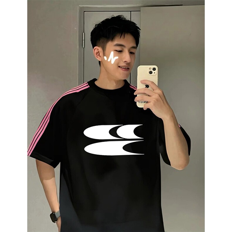 抖音得物品质二开240克宽松纯棉美式潮牌印花三条杠中性风短袖T恤，男装T恤，电商A486-1