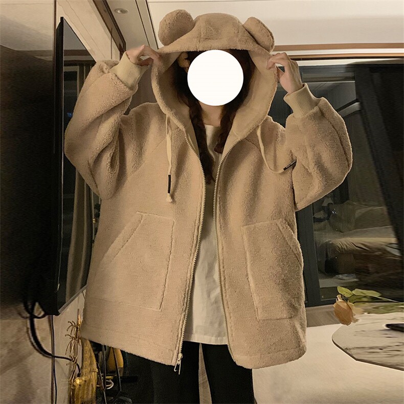 A207-P115小熊耳朵连帽毛毛外套秋冬夹棉羊羔毛学院风拉链棉服,男装棉衣,星座911