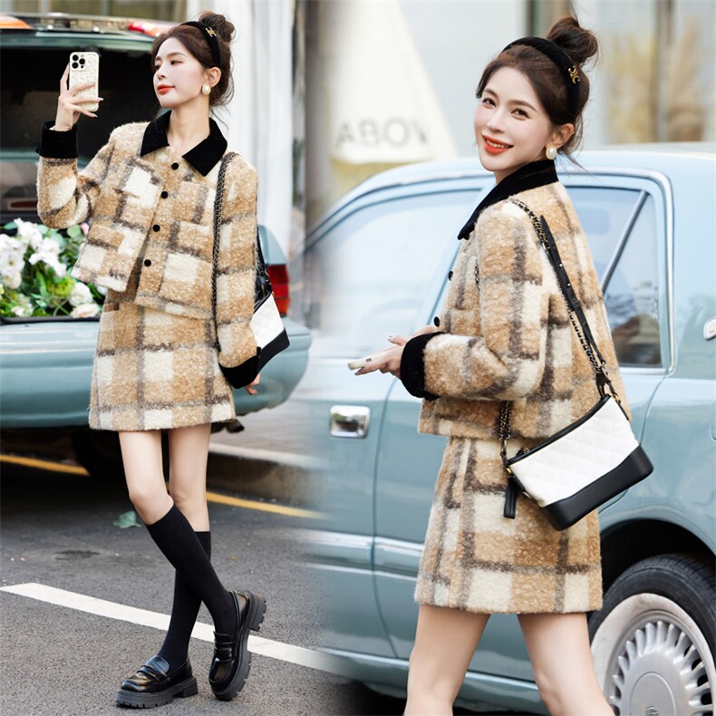 【新款现货】2023冬装格纹圈圈呢元气撞色拼接羽绒套装白鸭绒，女装羽绒服，雅静靓衣