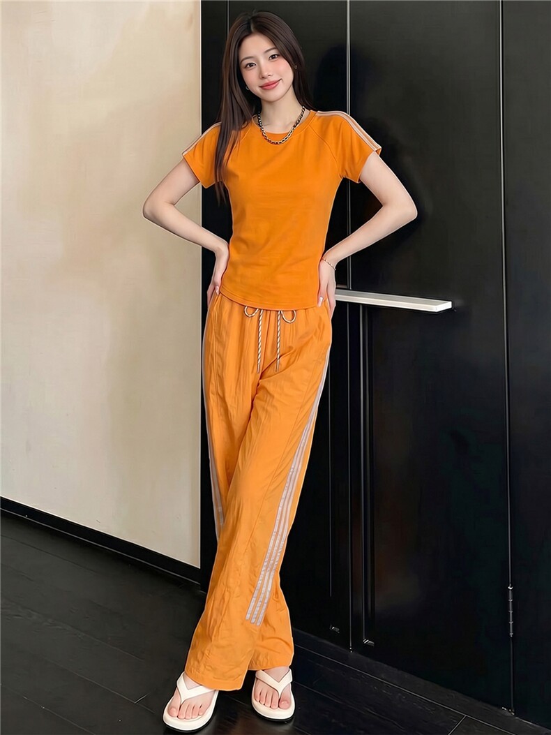 女夏季新款时尚休闲运动套装圆领短袖上衣竖纹拼接阔腿长裤两件套,女装套装/套裙,江南