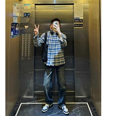 美式格纹长袖衬衫复古个性撞色破坏毛边工艺格子衬衣男女潮，男装衬衫，星座506A