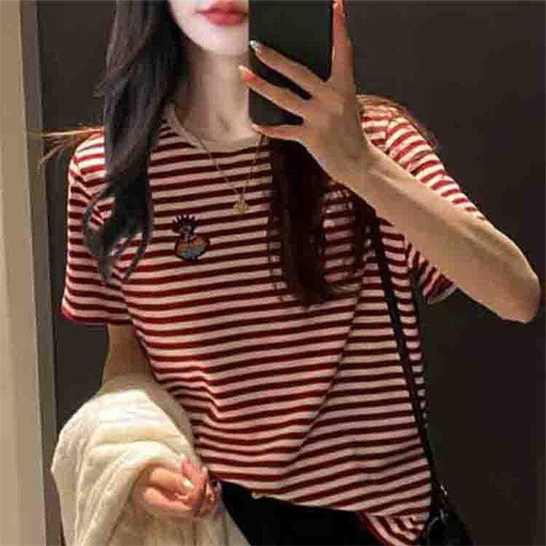 夏季新款时尚气质刺绣条纹短袖女修身显瘦百搭休闲上衣,针织衫/毛衣,萱芳婷羊绒