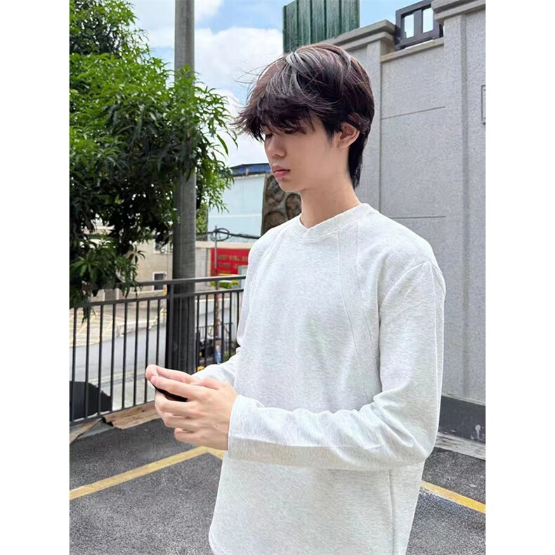 抖音得物品质26春装美式高街曼巴棉螺纹拼接卫衣圆领长袖T恤YT164,男装T恤,电商A486-1