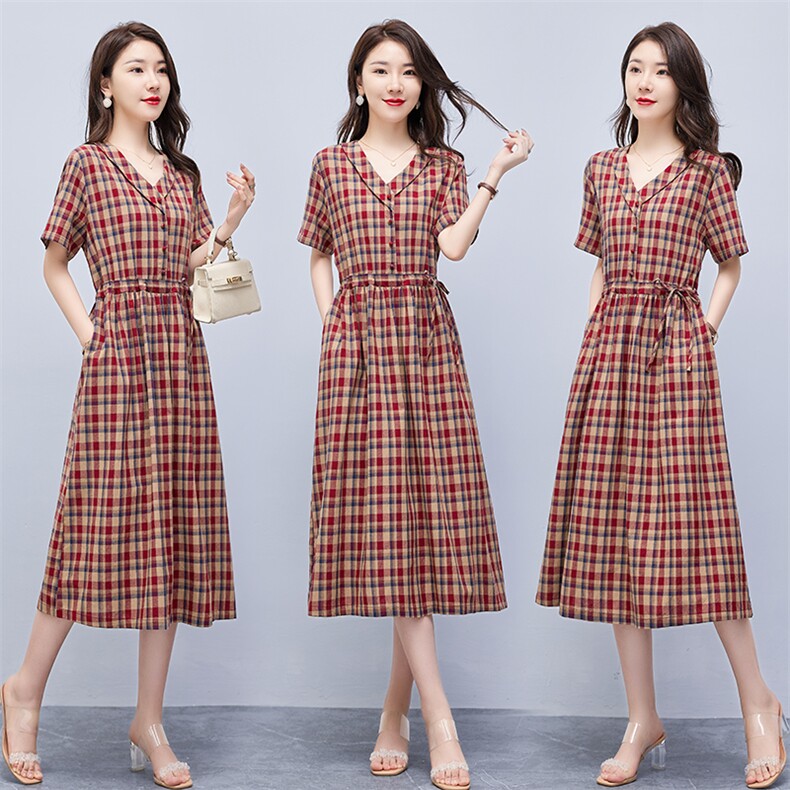 连衣裙2022年夏季潮流舒适简约时尚中长款圆领格子，女装连衣裙，贵人树