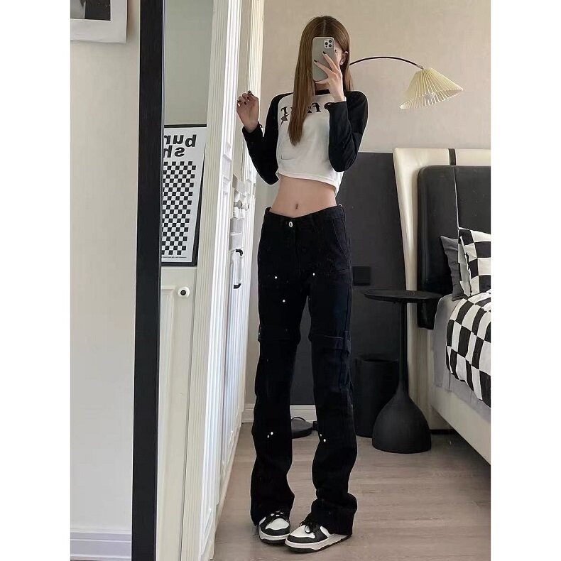美式复古微喇牛仔裤女设计感绑带纽扣直筒休闲长裤潮KS35,男装牛仔裤,星座1116A（原606A-3）
