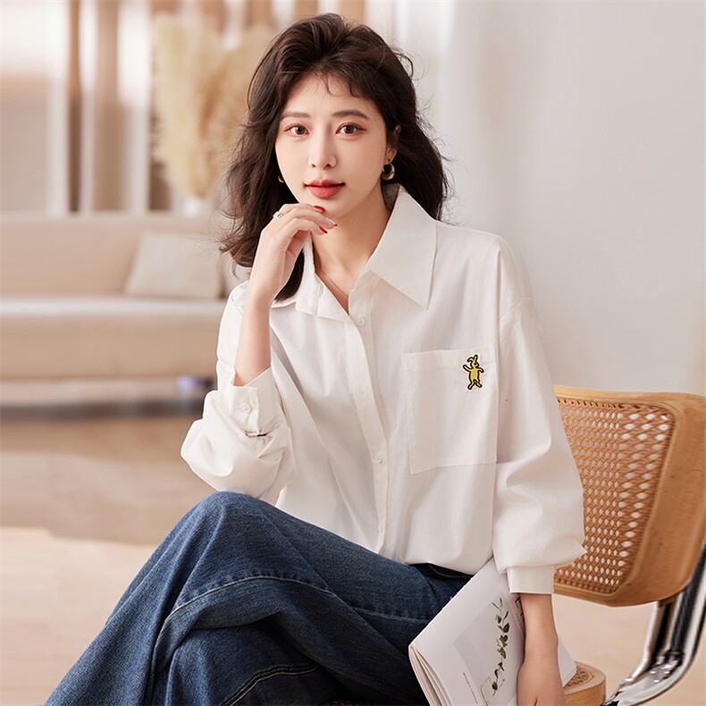 现货-春装新款衬衣女宽松休闲刺绣上衣设计感小众长袖打底,女装衬衫,梦懿尔