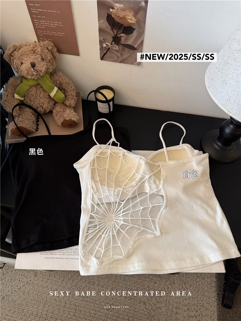 夏季性感蜘蛛网露背带胸垫无袖背心修身显瘦打底上衣，女装背心吊带，梦白服饰厂