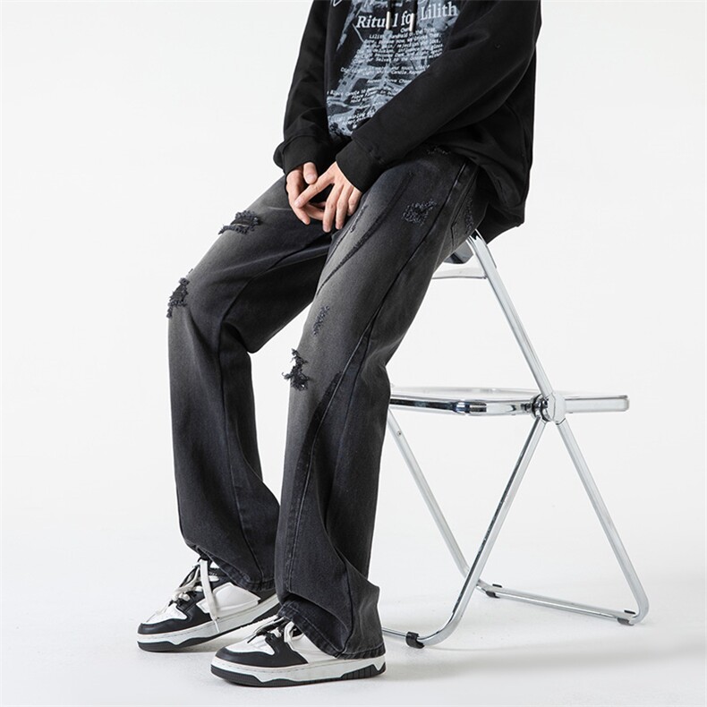 B221美式ins高街小众情侣款破洞微喇牛仔裤LK23001-P65控88,男装牛仔裤,电商B221