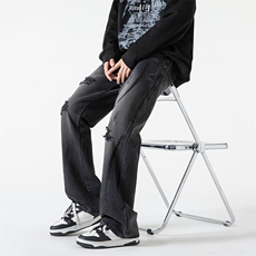 B221美式ins高街小众情侣款破洞微喇牛仔裤LK23001-P65控88，男装牛仔裤，电商B221