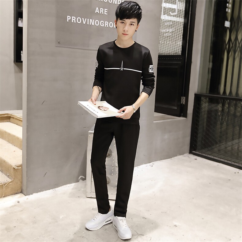 套装几何图案潮青春流行春季运动修身型印花免烫处理青年套头,男装休闲套装,星座1506-1