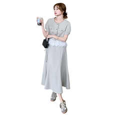 2025年夏季新款时尚百搭蕾丝花边拼接短袖两件套半身裙套装女，女装套装/套裙，1D102-1